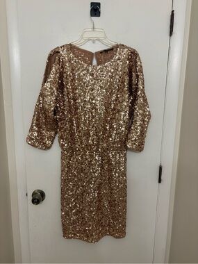 Boston Proper Sequin Blouson Dress Rose Gold 3/4 Sleeve Women’s Size 10